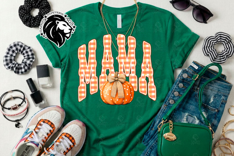 Fall Mama, Pumpkin, Gingham, DTF Design, PNG