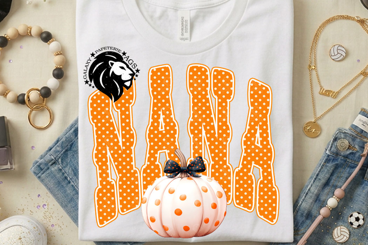 Fall Nana, Pumpkin, Polka Dots, DTF Design, PNG