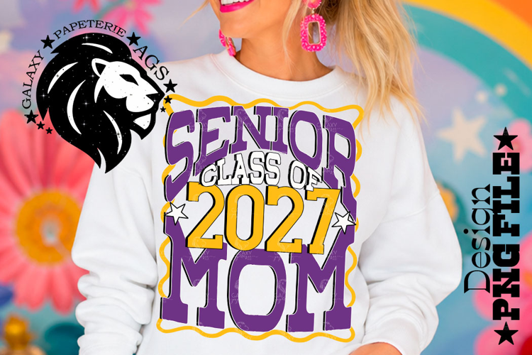 Senior Mom Class 2027, Purple Yellow Gold, DTF Design PNG