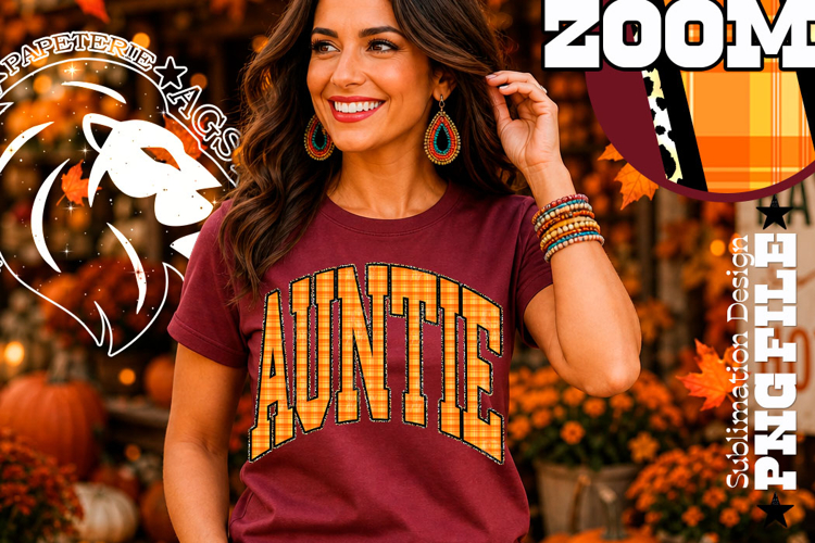 Fall Gingham Leopard Auntie, DTF Design, PNG example image 1