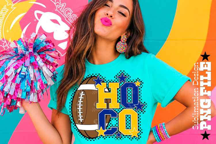 Hoco Football Sublimation PNG, Blue Yellow, Polka Dots