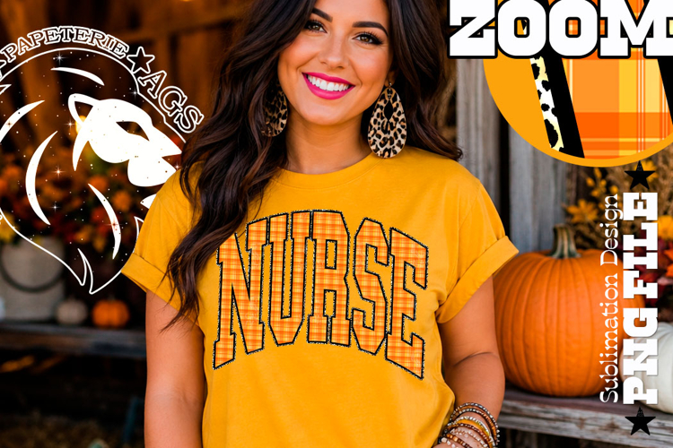 Fall Gingham Leopard Nurse, DTF Design, PNG