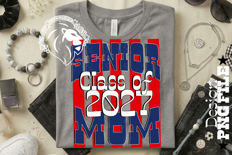 Striped Senior Mom Class 2027, Blue Red, DTF Design PNG
