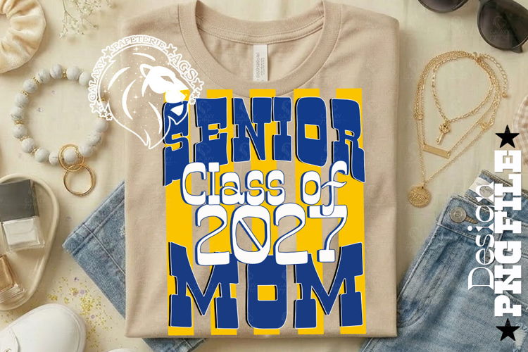 Striped Senior Mom Class 2027, Blue Yellow, DTF Design PNG