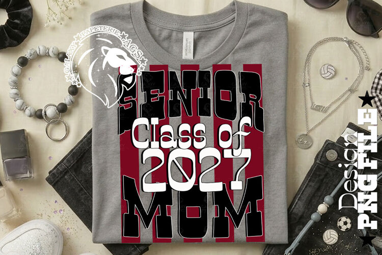 Striped Senior Mom Class 2027, Maroon, DTF Design PNG example image 1