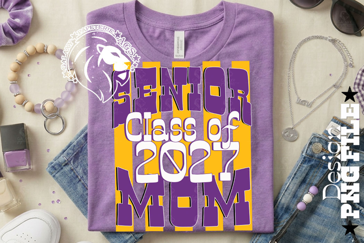 Striped Senior Mom Class 2027, Purple Yellow, DTF Design PNG