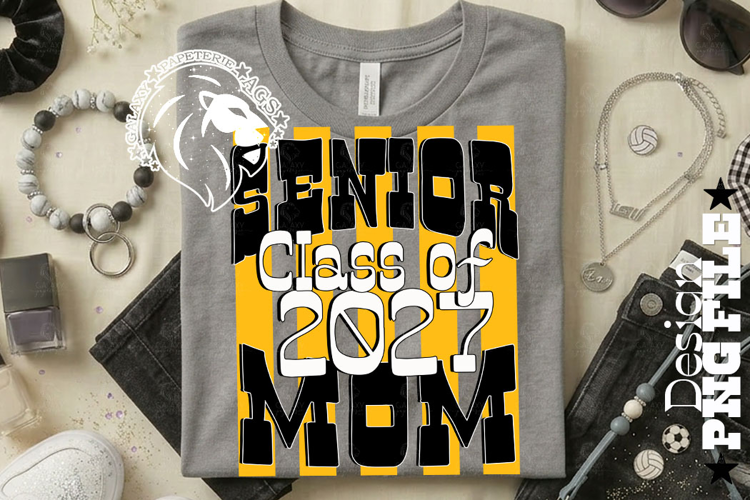 Striped Senior Mom Class 2027, Yellow, DTF Design PNG