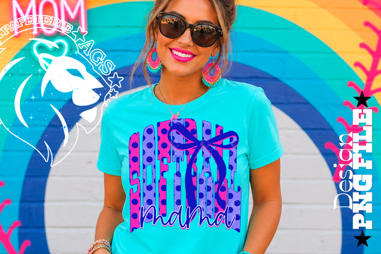 Coquette Polka Dots Softball Mama Design PNG, Blue Pink
