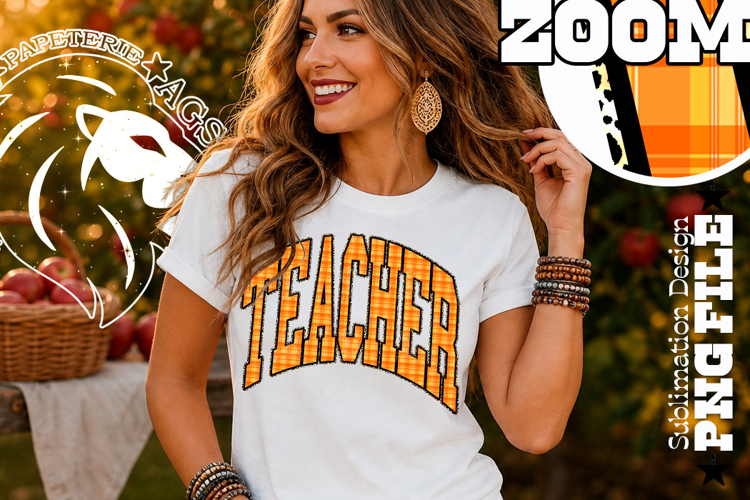 Fall Gingham Leopard Teacher, DTF Design, PNG example image 1