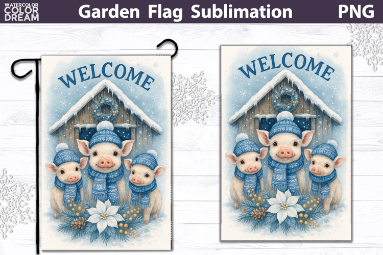 Winter Farm Garden Flag | Farm Pig Christmas Sublimation