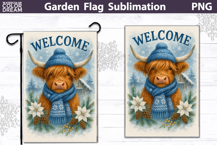 Winter Farm Garden Flag | Highland Cow Christmas Sublimation
