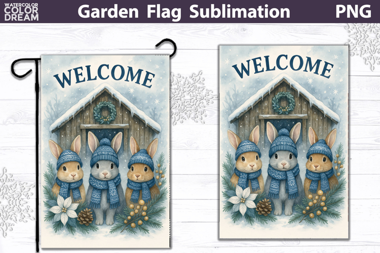 Winter Farm Garden Flag | Bunny Christmas Sublimation