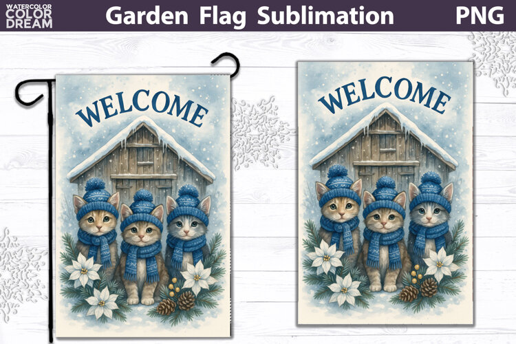 Winter Farm Garden Flag | Cats Christmas Sublimation example image 1