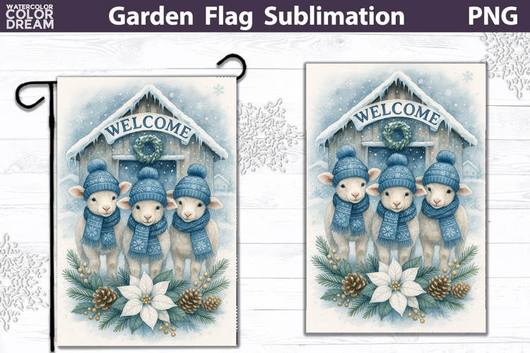 Winter Farm Garden Flag | Lamb Christmas Sublimation