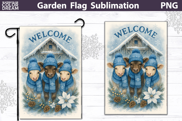 Winter Farm Garden Flag | Calf Christmas Sublimation