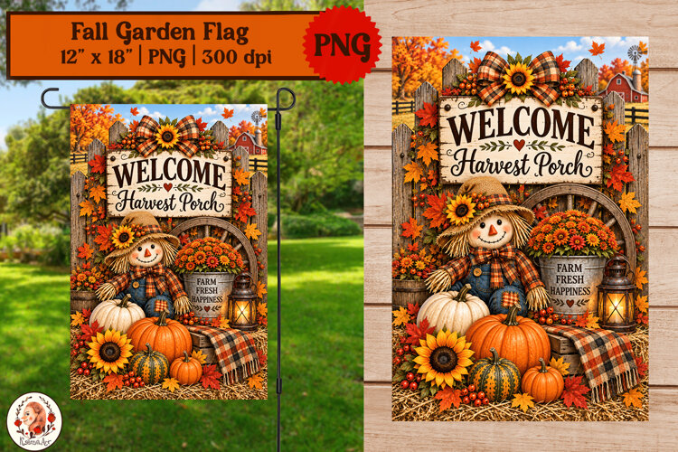 Fall garden flag sublimation rustic farmhouse scarecrow example image 1