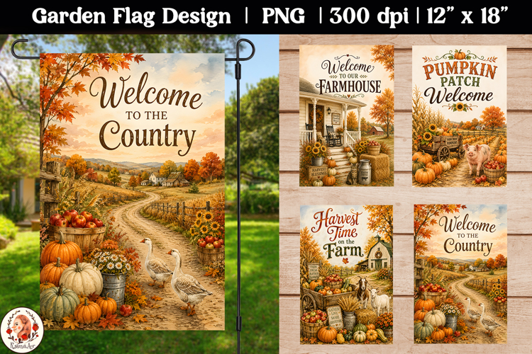 Autumn farmhouse Garden Flag PNG
