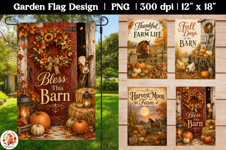 Autumn farmhouse Garden Flag PNG