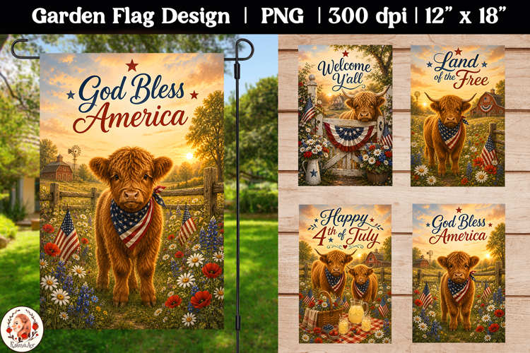 Patriotic Highland Cow Garden Flag PNG