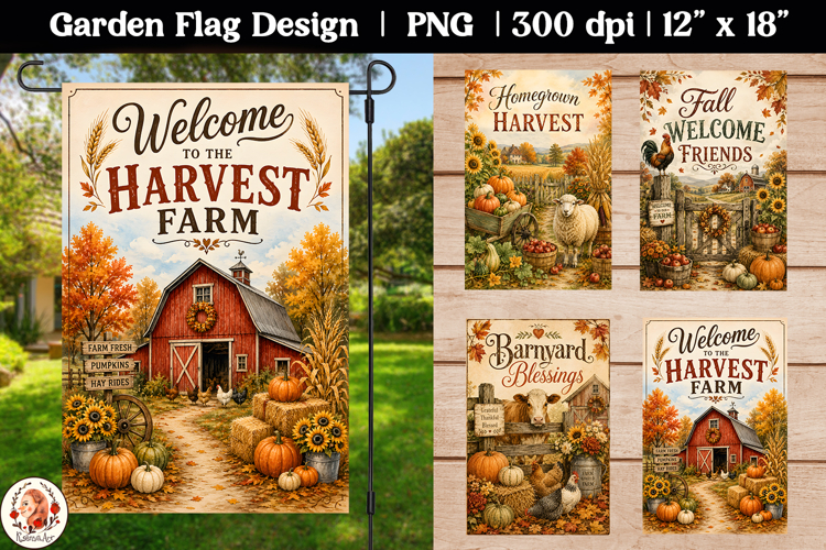 Autumn farmhouse Garden Flag PNG