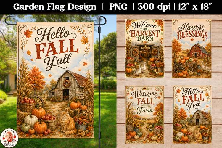Autumn farmhouse Garden Flag PNG