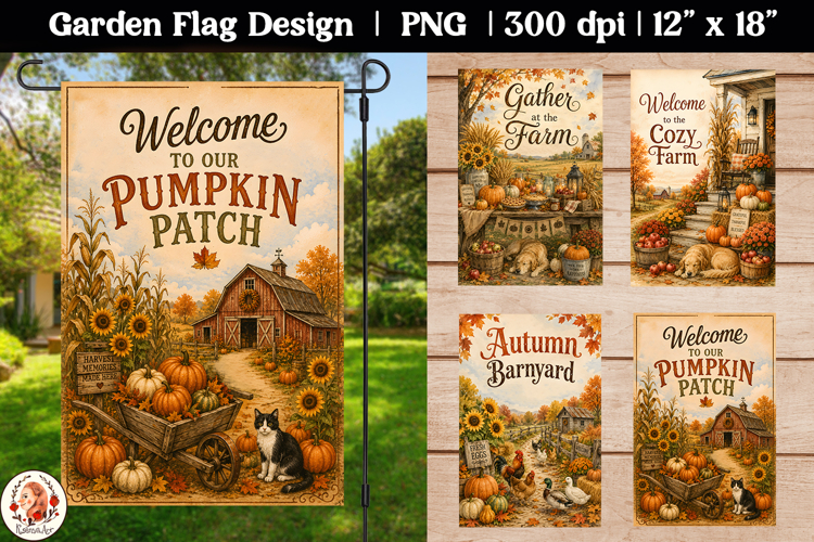 Autumn farmhouse Garden Flag PNG