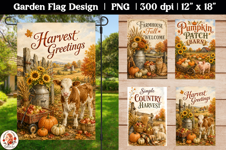 Autumn farmhouse Garden Flag PNG