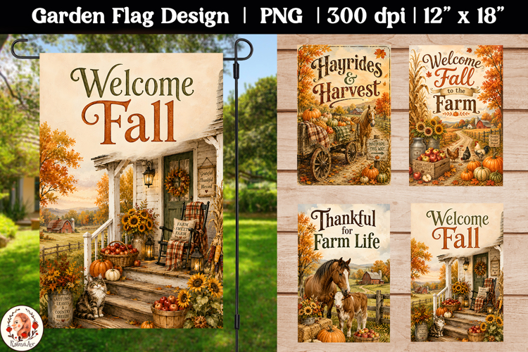Autumn farmhouse Garden Flag PNG