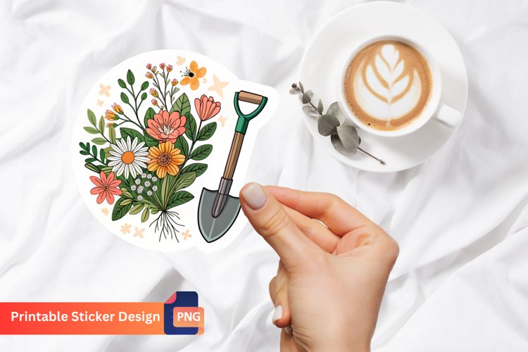 Garden Shovel Flowers Bouquet Sticker, Floral Bouquet Decals