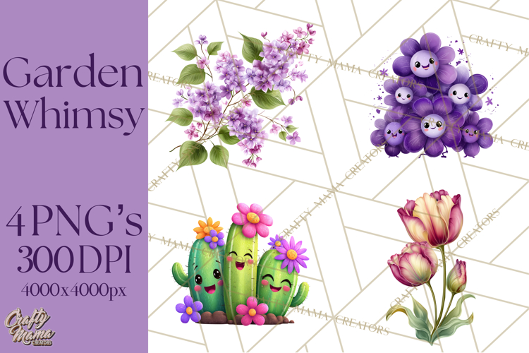 Whimsical Flowers & Plants Clip Art PNG, Garden Floral Png