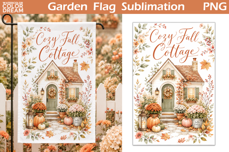 Cozy Fall Cottage Garden Flag |Watercolor Autumn garden flag