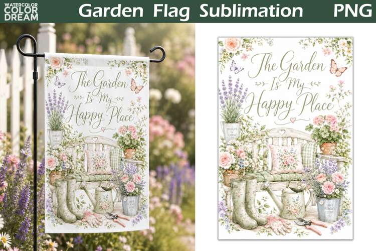 Happy Place Garden Flag | Floral Cottage Sublimation