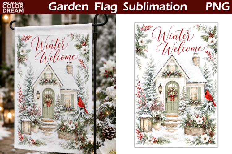 Winter Garden Flag | Christmas Cottage Sublimation PNG