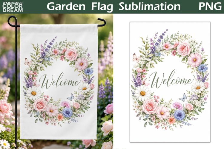 Floral Welcome Garden Flag | Cottage Wreath Sublimation