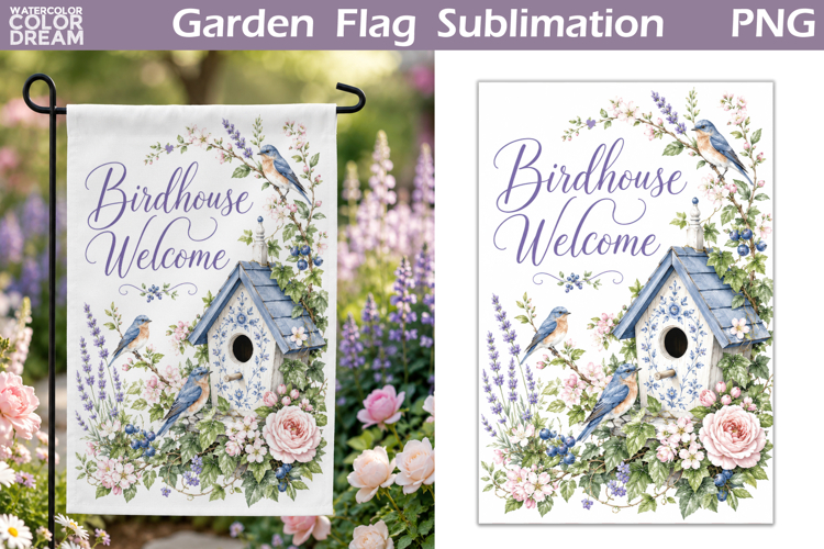 Birdhouse Garden Flag | Floral Bluebird Sublimation PNG