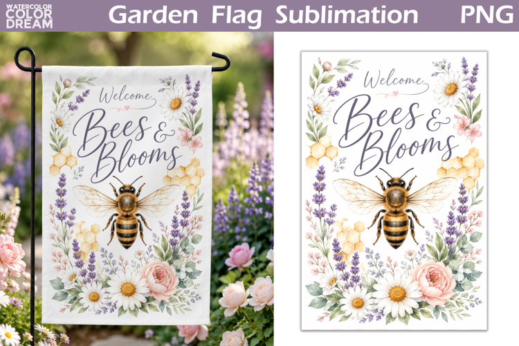 Bees Blooms Garden Flag | Floral Sublimation PNG