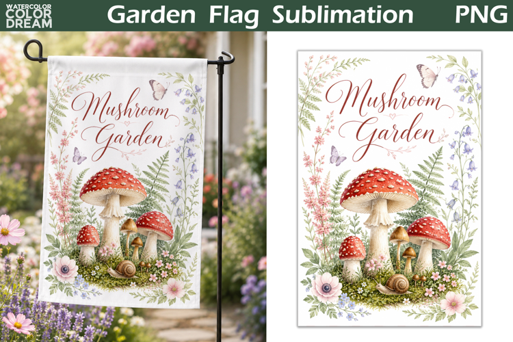Mushroom Garden Flag | Cottage Floral Sublimation