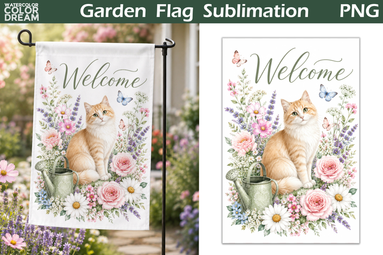 Cat Garden Flag | Floral Welcome Sublimation