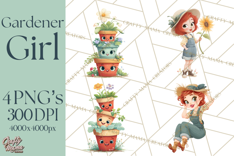 Vintage Gardener Clipart Cute Retro Girl Garden PNG