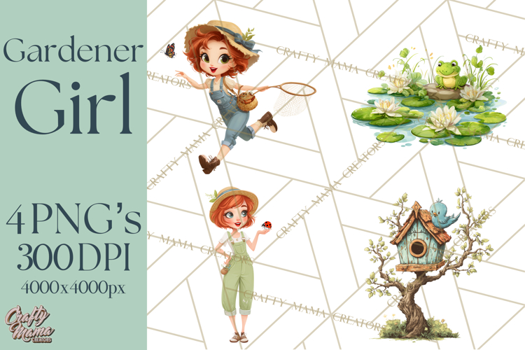 Vintage Gardener Clipart Cute Retro Girl Garden PNG