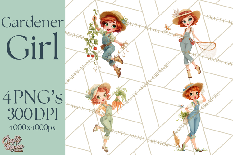 Vintage Gardener Clipart Cute Retro Girl Garden PNG