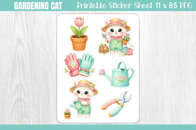 Gardening Cat Printable Stickers - PNG Sticker Sheet