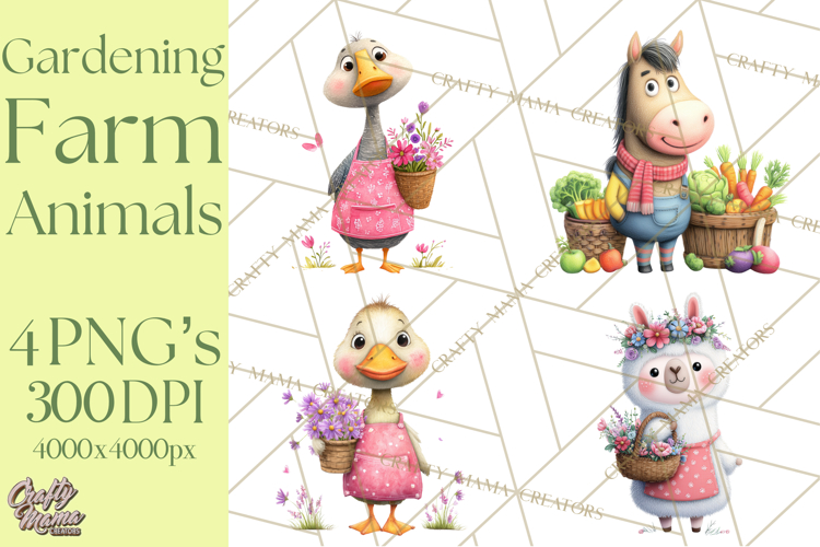 Farm Animals Gardening Clipart, Cute Farm Animal Garden PNG