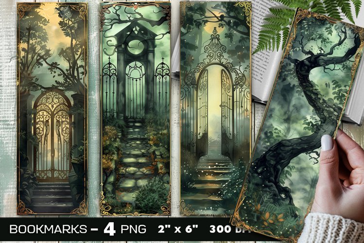 Secret garden gate bookmark, Ethereal mist forest bookmark