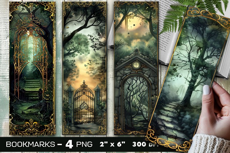 Secret garden gate bookmark, Ethereal mist forest bookmark