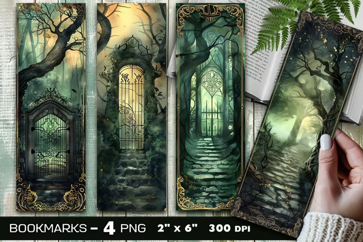 Secret garden gate bookmark, Ethereal mist forest bookmark