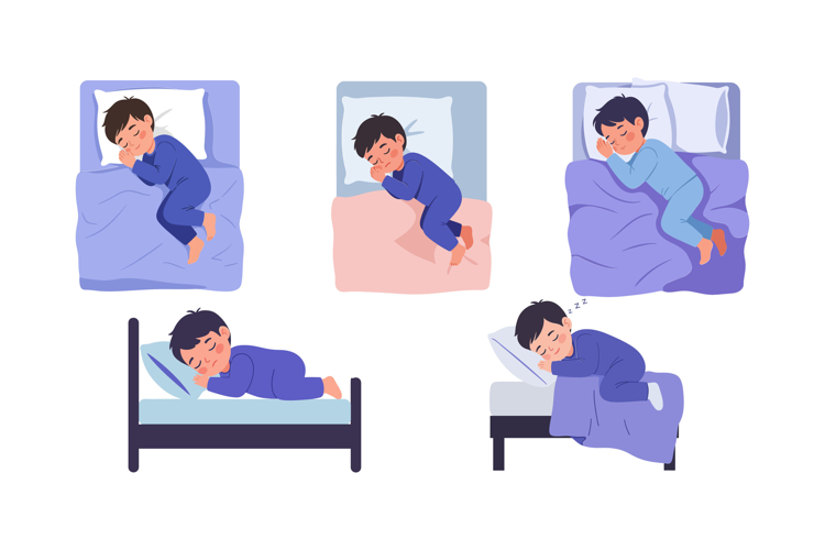 Child sleeping in various positions with flat design style s