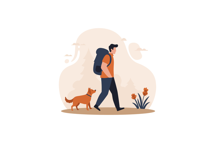 Man walking with dog in nature surrounded by flowers in a fl
