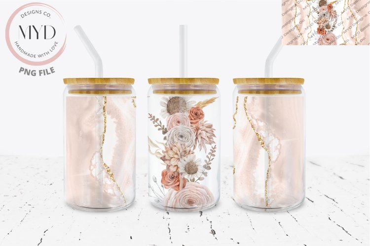 Glass Can 16oz Agate, Boho Florals Sublimation Tumbler 1 example image 1