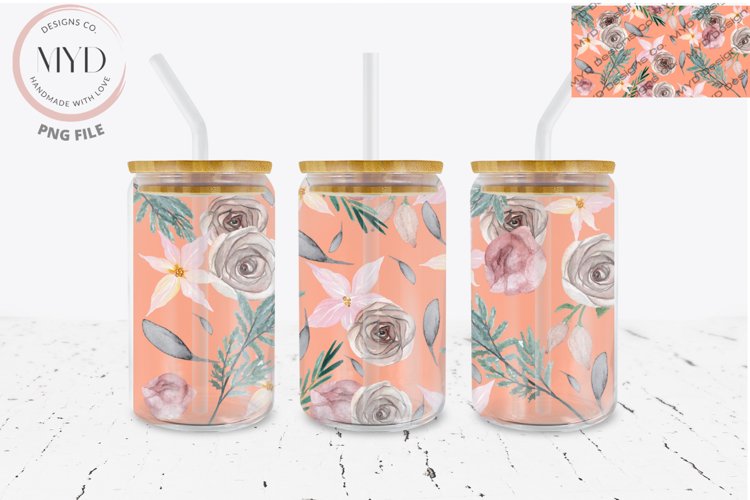 Glass Can 16oz Holiday Florals, Roses Sublimation Tumbler